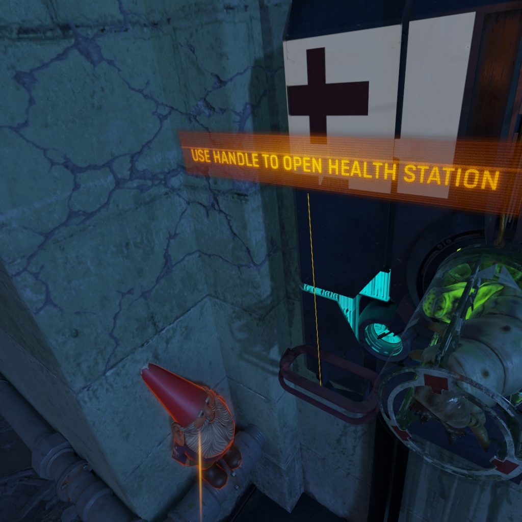 Gnome by health station. Tooltip reads "Use handle to open health station"