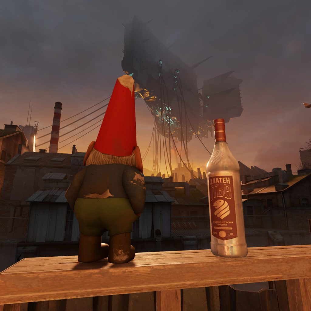 Gnome and vodka sitting on a bannister looking at the Vault in the sky.