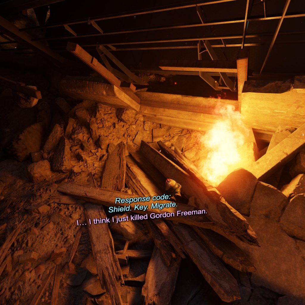 Gnome in some rubble. Dialogue says "Response code: Shield. Key. Migrate.; I.. I think I just killed Gordon Freeman.