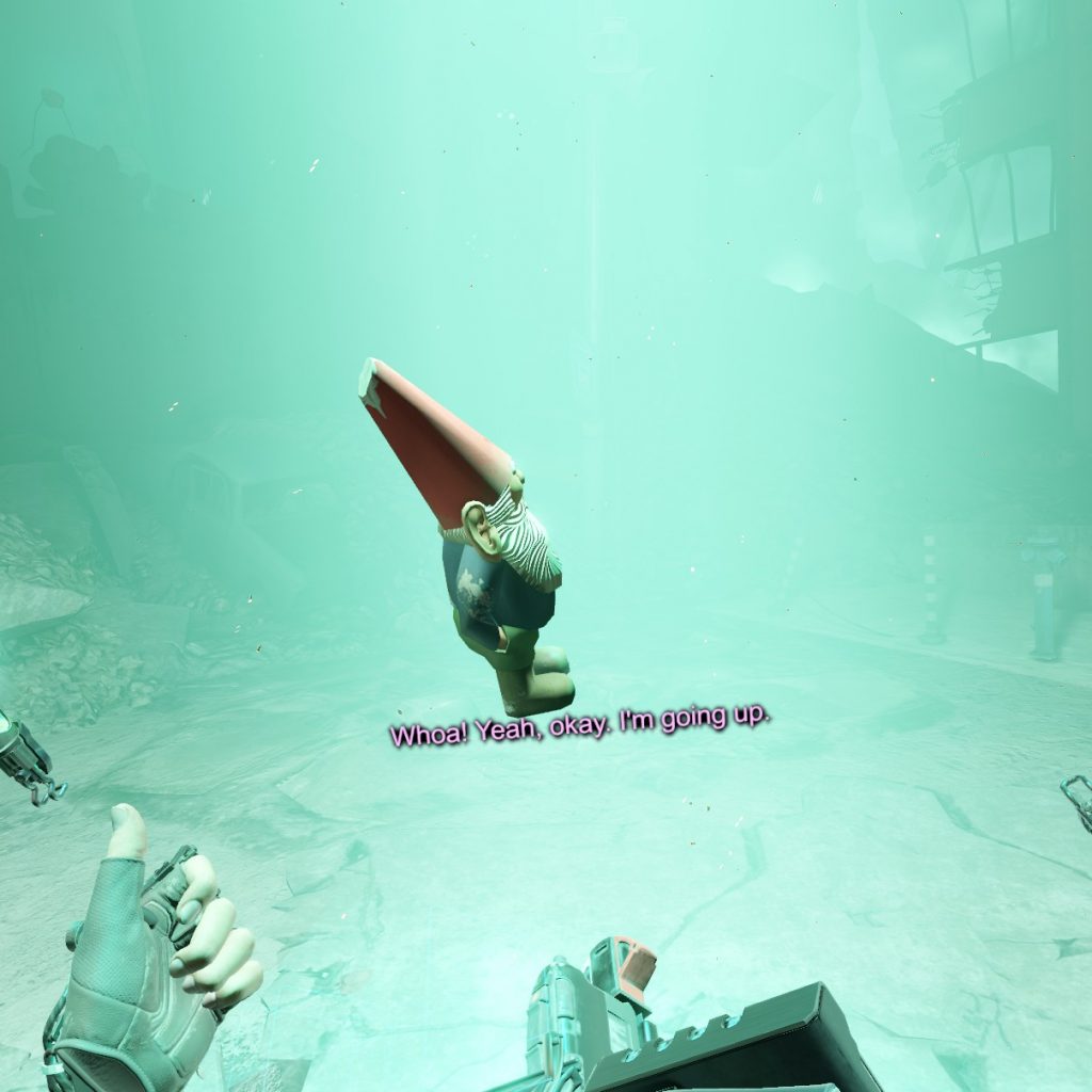 Gnome in tractor beam. Other items are floating as well. Dialogue says "Whoa! Yeah, okay. I'm going up."